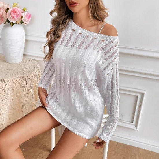 Hollow Sweater Loose Sun Protection Blouse $22.99 Dana Fashion Color: White Size: L Women's clothing Product information: Color: White Size: S,M,L,XL Version: Loose Style type: temperament commute Style: pullover Thickness: medium Main fabric composition:
