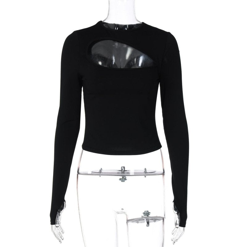 Hollow T-shirt Long Sleeve Slim-fit Top $32.92 Dana Fashion Color: Black Size: L Women's clothing Product information: Color: red, black, apricot Size: S,M,L Style: slim fit Popular elements: slim fit Style: pullover Main fabric composition: Polyester (po