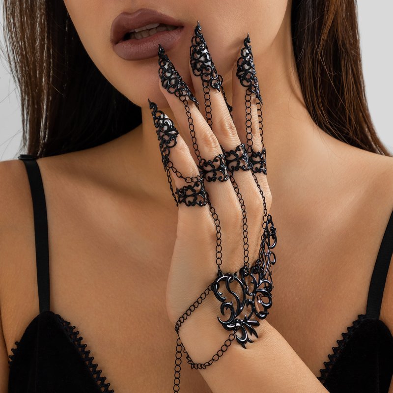 Hollow Tapered Fingernail Cap Mitten-type Bracelet Women $16.29 Dana Fashion Color: Black 2323 Women's Accessories Product information: Treatment Process: Electroplating Color: gold 2323, white k 2323, black 2323 Applicable population: Female Material: Al