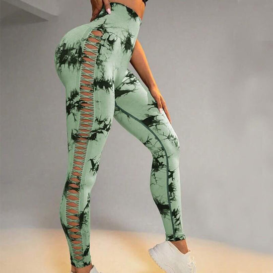Hollow Tie Dye Printed Yoga Pants High Waist Butt Lift Seamless Sports Gym Fitness Leggings Slim Pants For Women Tight Trousers $49.50 Dana Fashion Color: Green Size: L Women's clothing Overview: Unique design, stylish and beautiful. Good material, comfor