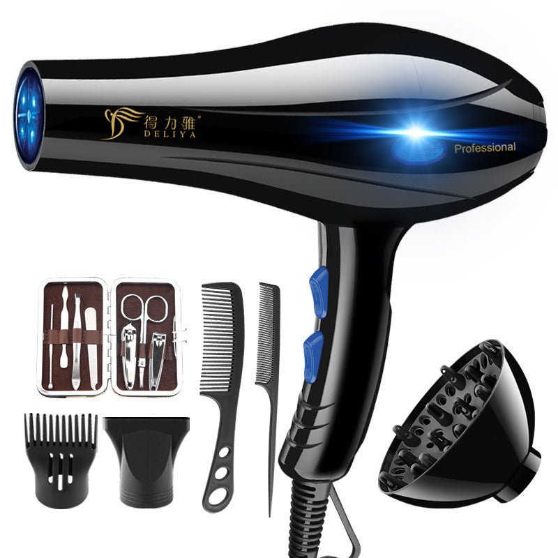 Home Hairdressing High-Power Blue Light Negative Ion Hair Dryer $29.00 Dana Fashion Color: Black Electrical outlet: EU Beauty Tools Product information: Handle folding: not foldable Speed adjustment gear: five gears Nozzle style: set wind nozzle + diffuse