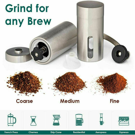 Home Portable Manual Coffee Grinder Stainless Steel with Ceramic Burr Bean Mill $59.40 Dana Fashion default: default Dana's Kitchen Features: Material: Stainless Steel - Size:17.5*15.5cm - Our removable hand crank mechanism consistently eliminates over 90