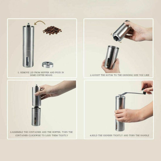 Home Portable Manual Coffee Grinder Stainless Steel with Ceramic Burr Bean Mill $59.40 Dana Fashion default: default Dana's Kitchen Features: Material: Stainless Steel - Size:17.5*15.5cm - Our removable hand crank mechanism consistently eliminates over 90