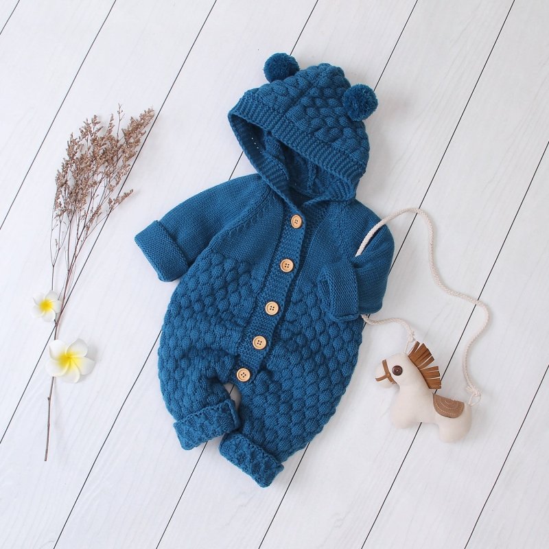 Hooded knitted jumpsuit $28.88 Dana Fashion Color: Blue Size: 66cm Baby Clothing Applicable gender: neutral/male and female Sleeve length: long sleeve Whether Hooded: Hooded Suitable season: autumn, spring and autumn, winter Flat car stitch distance 12~14