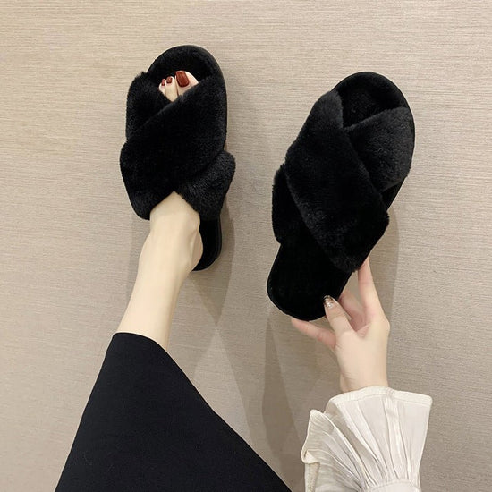 Indoor Home Fluffy Slippers Cross Small Rabbit Fur Open Toe $24.55 Dana Fashion Color: Black Size: 36 To 37 Women's shoes Product information: Inner material: artificial wool Color: white, black, gray, pink Heel height: flat heel Heel shape: flat Whether