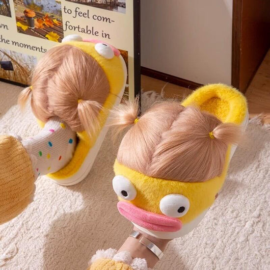 Indoor Home Use Ugly, Cute, Funny, Thick Soled Warm Fur Plush Slippers $59.50 Dana Fashion Color: Yellow Shoe size: 36to37 Women's shoes Overview: Unique design, stylish and beautiful. Good material, comfortable feet. A variety of colors, any choice. Spec