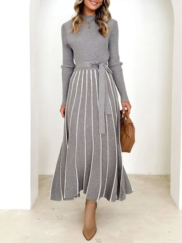 Inner Wear Base Woolen Skirt Over The Knee Stripes Knitted Dress $35.50 Dana Fashion Color: Color Size: L Women's clothing Product information: Color: Color Size: S,M,L,XL,XXL Style type: Japanese and Korean casual Popular elements: lace-up Style: Basic F