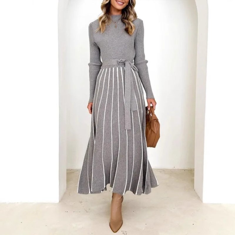 Inner Wear Base Woolen Skirt Over The Knee Stripes Knitted Dress $35.50 Dana Fashion Color: Color Size: L Women's clothing Product information: Color: Color Size: S,M,L,XL,XXL Style type: Japanese and Korean casual Popular elements: lace-up Style: Basic F