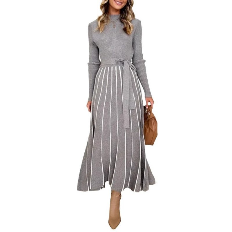 Inner Wear Base Woolen Skirt Over The Knee Stripes Knitted Dress $35.50 Dana Fashion Color: Color Size: L Women's clothing Product information: Color: Color Size: S,M,L,XL,XXL Style type: Japanese and Korean casual Popular elements: lace-up Style: Basic F