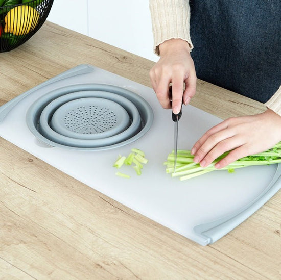 Innovative Multi-Functional 3 in 1 Chopping Board Detachable Folding Drain Basket Sink Cutting Board $60.98 Dana Fashion Color: Gray Dana's Kitchen Overview: 1. Safe Material: Made of PP+TRP, matte + silica gel, it is safe and secure. 2. Drainable and Sep