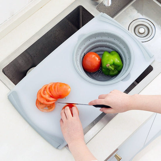 Innovative Multi-Functional 3 in 1 Chopping Board Detachable Folding Drain Basket Sink Cutting Board $60.98 Dana Fashion Color: Gray Dana's Kitchen Overview: 1. Safe Material: Made of PP+TRP, matte + silica gel, it is safe and secure. 2. Drainable and Sep
