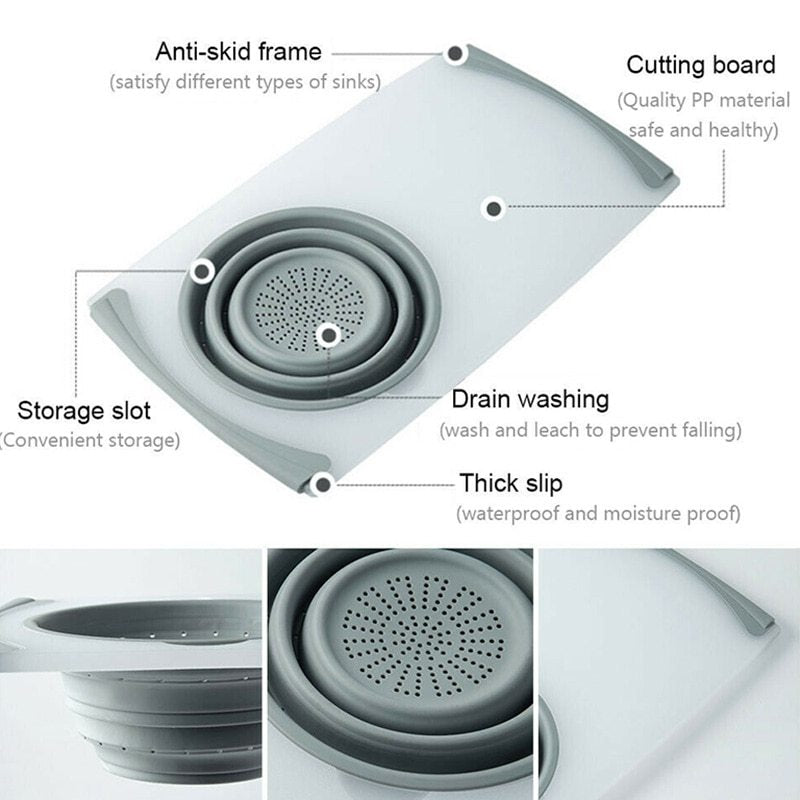 Innovative Multi-Functional 3 in 1 Chopping Board Detachable Folding Drain Basket Sink Cutting Board $60.98 Dana Fashion Color: Gray Dana's Kitchen Overview: 1. Safe Material: Made of PP+TRP, matte + silica gel, it is safe and secure. 2. Drainable and Sep