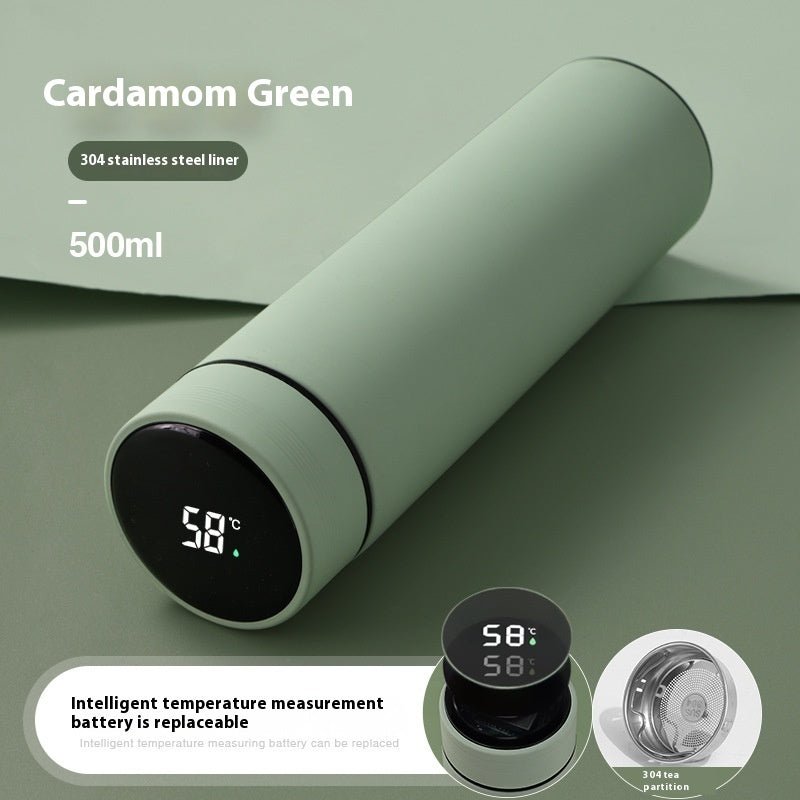 Intelligent Bottle Stainless Steel Insulated Bottle Cup Temperature Display Vacuum Flask Coffee Mug $18.36 Dana Fashion Color: Light green 500ml Dana's Kitchen Overview 1. equipped with a smart LED display cover, it can display the temperature of the wate