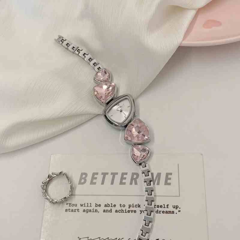 Irregular Niche Art Women's Bracelet Watch $79.00 Dana Fashion Color: Ice Transparent Pink Women's Accessories Product information: Movement type: quartz movement Strap material: Stainless steel Buckle style: Jewelry buckle Dial diameter: 26mm Waterproof