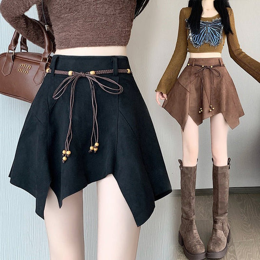 Irregular Suede Skirt Autumn And Winter $59.90 Dana Fashion Color: Black Size: 2XL Women's clothing Product information: Skirt-type: asymmetric skirt Color: Black [send belt with safety pants], Brown [send belt with safety pants]] Elasticity: Micro-elasti