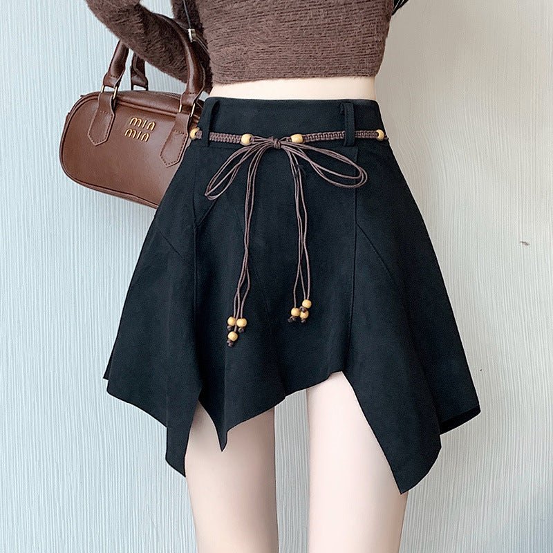 Irregular Suede Skirt Autumn And Winter $59.90 Dana Fashion Color: Black Size: 2XL Women's clothing Product information: Skirt-type: asymmetric skirt Color: Black [send belt with safety pants], Brown [send belt with safety pants]] Elasticity: Micro-elasti