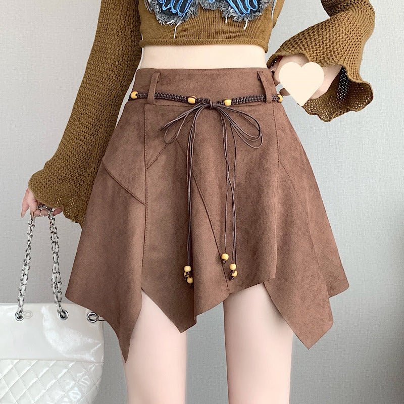 Irregular Suede Skirt Autumn And Winter $59.90 Dana Fashion Color: Coffee Color Size: 2XL Women's clothing Product information: Skirt-type: asymmetric skirt Color: Black [send belt with safety pants], Brown [send belt with safety pants]] Elasticity: Micro