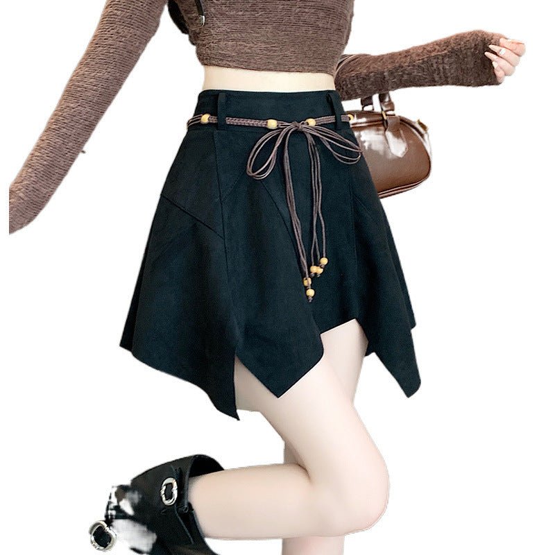 Irregular Suede Skirt Autumn And Winter $59.90 Dana Fashion Color: Black Size: 2XL Women's clothing Product information: Skirt-type: asymmetric skirt Color: Black [send belt with safety pants], Brown [send belt with safety pants]] Elasticity: Micro-elasti