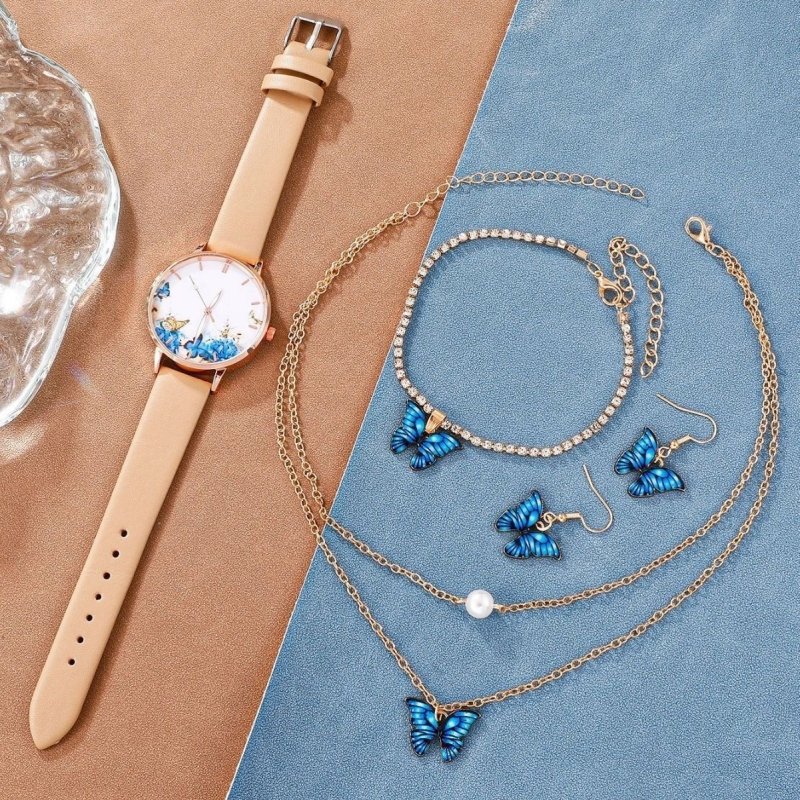 J5pcsset All-match Fashion Butterfly Women's Belt Watch Suit $24.50 Dana Fashion Color Style: Coffee Noodle Set Picture Box Women's Accessories Product information: Color: white face Butterfly watch suit (ordinary powder box), Coffee face Butterfly watch