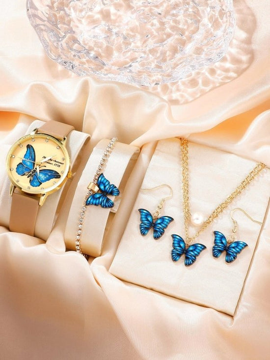 J5pcsset All-match Fashion Butterfly Women's Belt Watch Suit $24.50 Dana Fashion Color Style: Coffee Noodles Suit Powder Box Women's Accessories Product information: Color: white face Butterfly watch suit (ordinary powder box), Coffee face Butterfly watch
