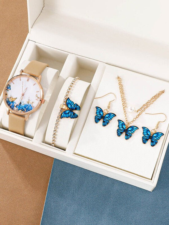 J5pcsset All-match Fashion Butterfly Women's Belt Watch Suit $24.50 Dana Fashion Color Style: White Flour Suit Powder Box Women's Accessories Product information: Color: white face Butterfly watch suit (ordinary powder box), Coffee face Butterfly watch su