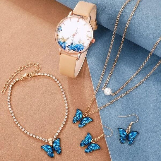 J5pcsset All-match Fashion Butterfly Women's Belt Watch Suit $24.50 Dana Fashion Color Style: Coffee Noodle Set Picture Box Women's Accessories Product information: Color: white face Butterfly watch suit (ordinary powder box), Coffee face Butterfly watch