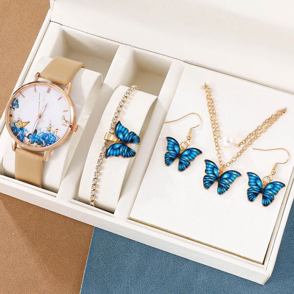J5pcsset All-match Fashion Butterfly Women's Belt Watch Suit $24.50 Dana Fashion Color Style: Coffee Noodle Set Picture Box Women's Accessories Product information: Color: white face Butterfly watch suit (ordinary powder box), Coffee face Butterfly watch