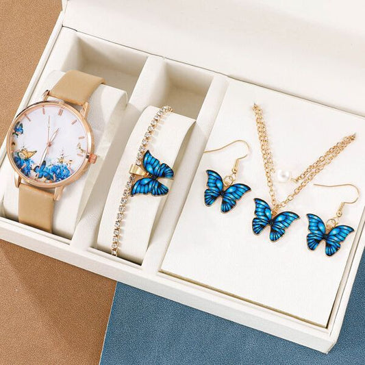 J5pcsset All-match Fashion Butterfly Women's Belt Watch Suit $24.50 Dana Fashion Color Style: Coffee Noodle Set Picture Box Women's Accessories Product information: Color: white face Butterfly watch suit (ordinary powder box), Coffee face Butterfly watch