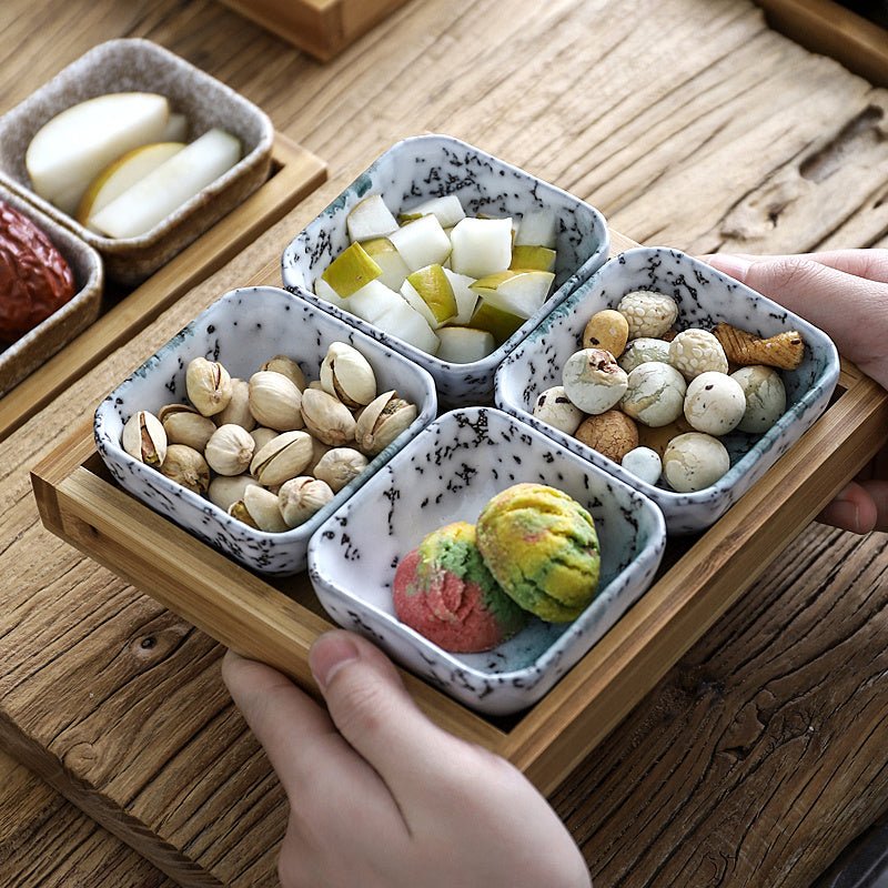 Japan Style Ceramic Fruits Plates with Bamboo Serving Tray $98.50 Dana Fashion style: A2 Dana's Kitchen Product Information: Product category Fruit plate: Product quality grade First-class product: Style: Japanese Color classification: A2, A3, A4, A6, B2,