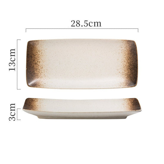 Japanese Ceramic Plates Sushi Dish Tableware Tray Cutlery $31.06 Dana Fashion style: 13 Style Dana's Kitchen Product information: Material: porcelain Style: Japanese Shape: rectangle Color classification: 1Style: 9-inch rectangular four-corner pangu plain