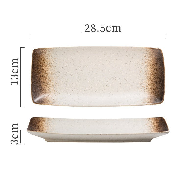 Japanese Ceramic Plates Sushi Dish Tableware Tray Cutlery $31.06 Dana Fashion style: 13 Style Dana's Kitchen Product information: Material: porcelain Style: Japanese Shape: rectangle Color classification: 1Style: 9-inch rectangular four-corner pangu plain