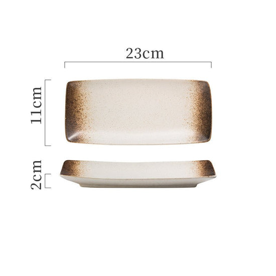 Japanese Ceramic Plates Sushi Dish Tableware Tray Cutlery $20.23 Dana Fashion style: 6 Style Dana's Kitchen Product information: Material: porcelain Style: Japanese Shape: rectangle Color classification: 1Style: 9-inch rectangular four-corner pangu plain