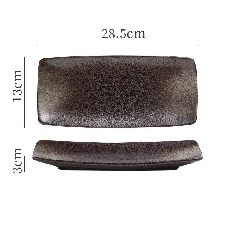 Japanese Ceramic Plates Sushi Dish Tableware Tray Cutlery $31.06 Dana Fashion style: 9 Style Dana's Kitchen Product information: Material: porcelain Style: Japanese Shape: rectangle Color classification: 1Style: 9-inch rectangular four-corner pangu plain