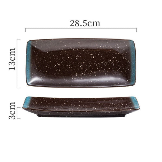 Japanese Ceramic Plates Sushi Dish Tableware Tray Cutlery $31.06 Dana Fashion style: 7 Style Dana's Kitchen Product information: Material: porcelain Style: Japanese Shape: rectangle Color classification: 1Style: 9-inch rectangular four-corner pangu plain