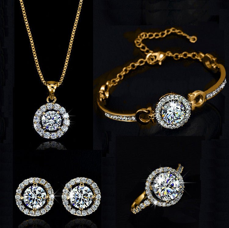 Jewelry sets $29.00 Dana Fashion Color: Gold style: Set of 4 Women's Accessories Material: alloy Treatment process: set diamond Style: women's style Set combination: earring + collar Inlaid material: not inlaid Circumference :21cm(inclusive)-50cm(inclusiv