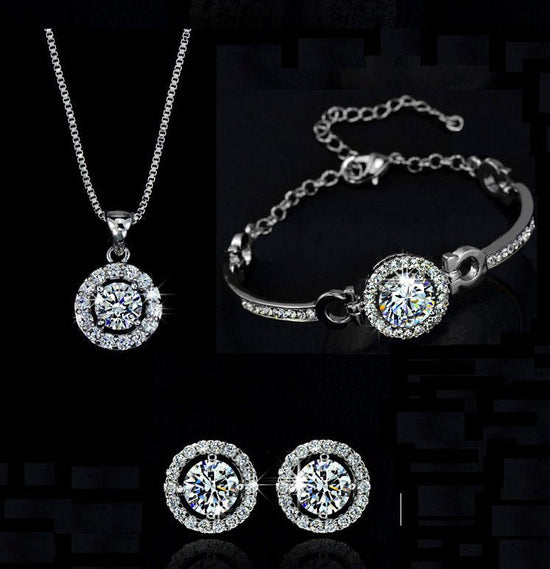 Jewelry sets $22.00 Dana Fashion Color: Silver style: Set of 3 Women's Accessories Material: alloy Treatment process: set diamond Style: women's style Set combination: earring + collar Inlaid material: not inlaid Circumference :21cm(inclusive)-50cm(inclus
