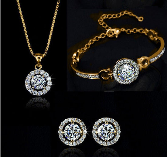 Jewelry sets $27.00 Dana Fashion Color: Gold style: Set of 3 Women's Accessories Material: alloy Treatment process: set diamond Style: women's style Set combination: earring + collar Inlaid material: not inlaid Circumference :21cm(inclusive)-50cm(inclusiv