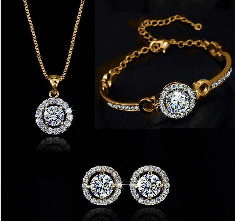 Jewelry sets $27.00 Dana Fashion Color: Gold style: Set of 3 Women's Accessories Material: alloy Treatment process: set diamond Style: women's style Set combination: earring + collar Inlaid material: not inlaid Circumference :21cm(inclusive)-50cm(inclusiv