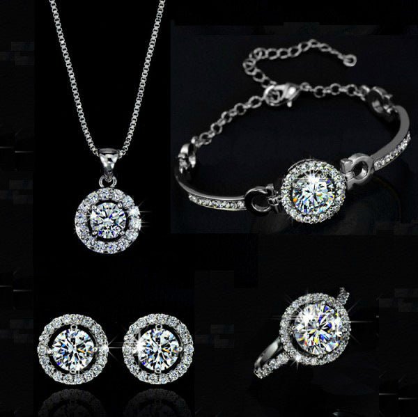 Jewelry sets $24.00 Dana Fashion Color: Silver style: Set of 4 Women's Accessories Material: alloy Treatment process: set diamond Style: women's style Set combination: earring + collar Inlaid material: not inlaid Circumference :21cm(inclusive)-50cm(inclus