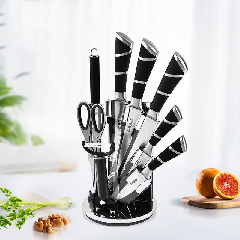 Kitchen set knife acrylic knife $90.58 Dana Fashion Color: 9pcs a set Dana's Kitchen Material: Handle: stainless steel 430#+TPR, Blade: stainless steel 3CR13, Knife holder: Acrylic Product size: see details Product weight: see details Product specificatio
