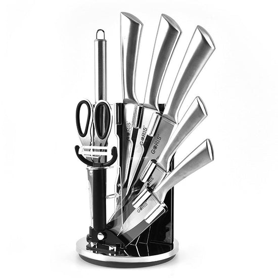 Kitchen set knife acrylic knife $90.58 Dana Fashion Color: 9pcs a set Dana's Kitchen Material: Handle: stainless steel 430#+TPR, Blade: stainless steel 3CR13, Knife holder: Acrylic Product size: see details Product weight: see details Product specificatio
