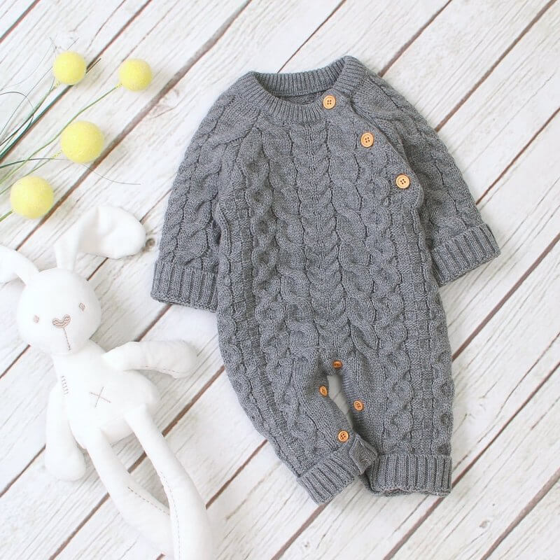 Knitted solid color baby jumpsuit $32.50 Dana Fashion Color: Grey Size: 100cm Baby Clothing Applicable gender: neutral Sleeve length: long sleeve Whether hooded: not hooded Fabric name: acrylic Closed style: single-breasted size Clothing length bust Hips