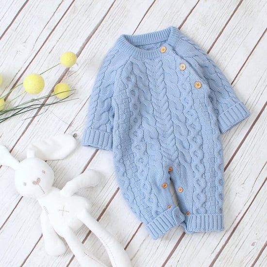 Knitted solid color baby jumpsuit $32.50 Dana Fashion Color: Blue Size: 100cm Baby Clothing Applicable gender: neutral Sleeve length: long sleeve Whether hooded: not hooded Fabric name: acrylic Closed style: single-breasted size Clothing length bust Hips