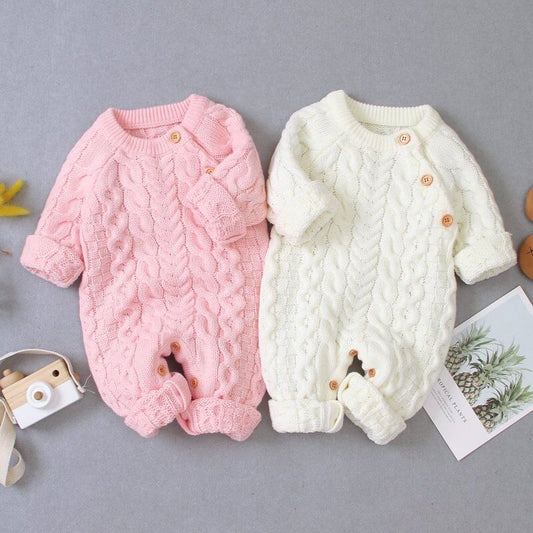 Knitted solid color baby jumpsuit $32.50 Dana Fashion Color: Blue Size: 100cm Baby Clothing Applicable gender: neutral Sleeve length: long sleeve Whether hooded: not hooded Fabric name: acrylic Closed style: single-breasted size Clothing length bust Hips