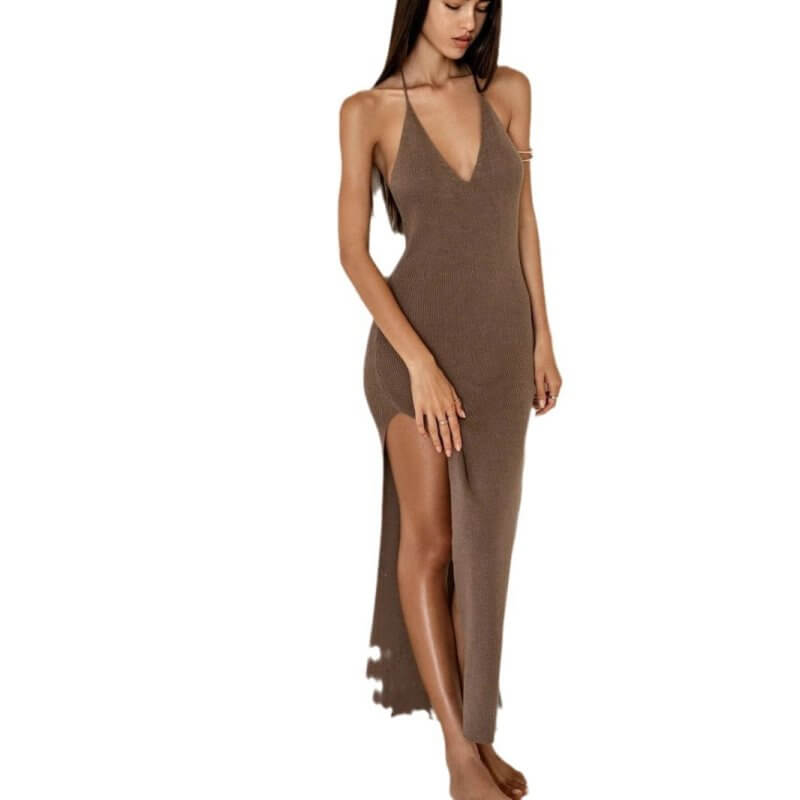 Knitted Strap Backless Dress $44.50 Dana Fashion Color: Apricot Size: L Women's clothing Product information: Fabric name: trueran Skirt type: hip skirt Color: white, black, red, apricot, khaki Sleeve type: sleeveless Main fabric composition: Polyester (p