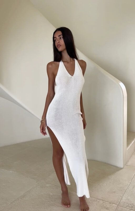 Knitted Strap Backless Dress $44.50 Dana Fashion Color: White Size: L Women's clothing Product information: Fabric name: trueran Skirt type: hip skirt Color: white, black, red, apricot, khaki Sleeve type: sleeveless Main fabric composition: Polyester (pol