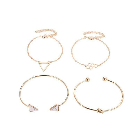 Knotted Triangle Honeycomb Four-piece Bracelet $15.00 Dana Fashion Color: Gold Women's Accessories Product information: Treatment Process: Electroplating Color: Gold Material: Alloy Popular elements: fu character Packing list: Four piece bracelet set * 1