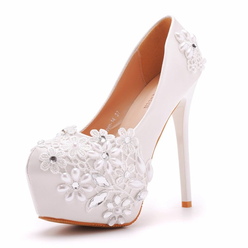 Lace High-heeled Shoes Rhinestone Pearl Stiletto Heel Pumps $59.00 Dana Fashion Color: Red size: 34 Women's shoes Product information: Lining material: imitation leather Color: white 14 heel height, Red, White 11 heel height Upper height: low top heel sha