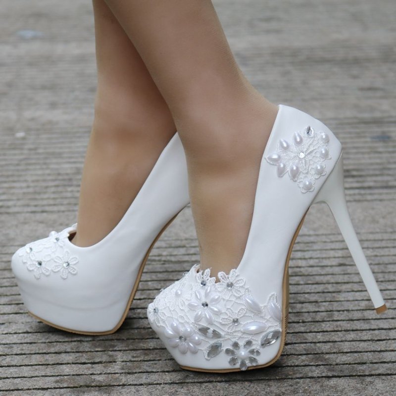 Lace High-heeled Shoes Rhinestone Pearl Stiletto Heel Pumps $59.00 Dana Fashion Color: Red size: 34 Women's shoes Product information: Lining material: imitation leather Color: white 14 heel height, Red, White 11 heel height Upper height: low top heel sha