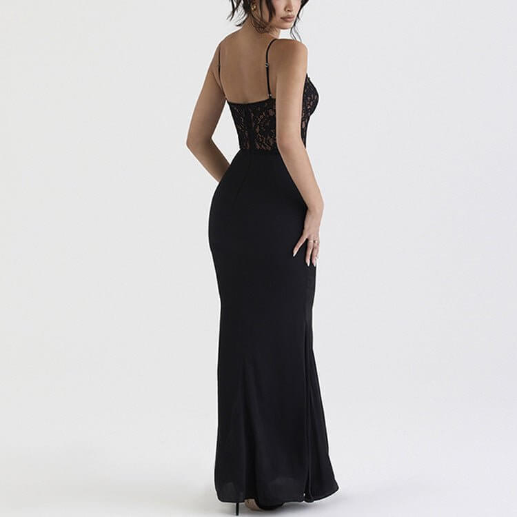 Lace High Waist Long Dress Deep V Strap Fishtail Gown $49.50 Dana Fashion Color: Black Size: L Women's clothing Product information: Pattern: solid color Skirt type: fishtail skirt Color: Black Waist type: high waist Size: S,M,L,XL Skirt length: long skir